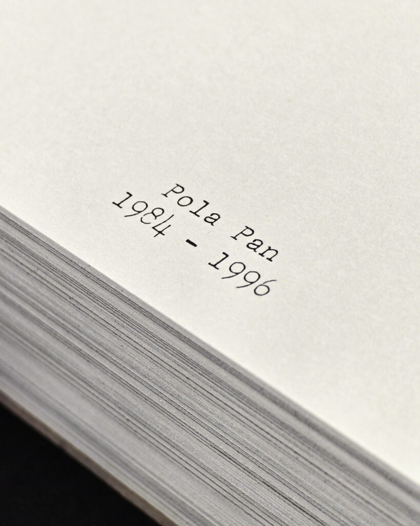 Detail of a printed title page from Mark Borthwick Out of Date showing Pola Pan 1984–1996.