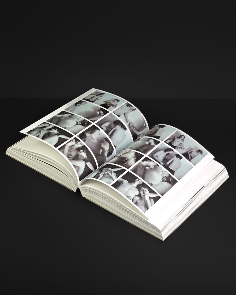 Open spread from Mark Borthwick Out of Date showing a grid of black-and-white Pola Pan photographs.
