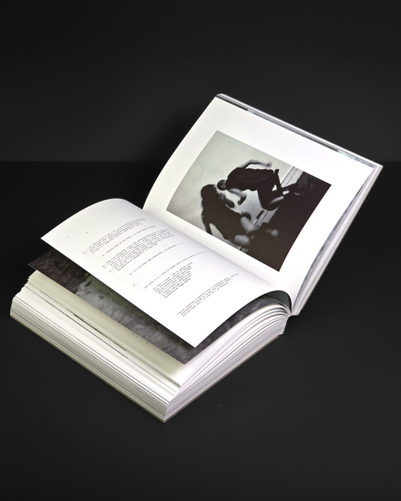 Open spread from Mark Borthwick Out of Date combining typewritten text and black-and-white photography.