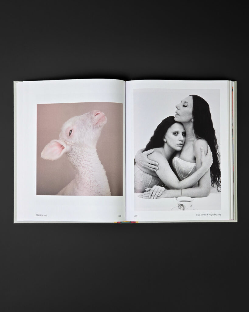 Open spread from Inez & Vinoodh: Can Love Be a Photograph with a lamb portrait and black-and-white fashion photograph.