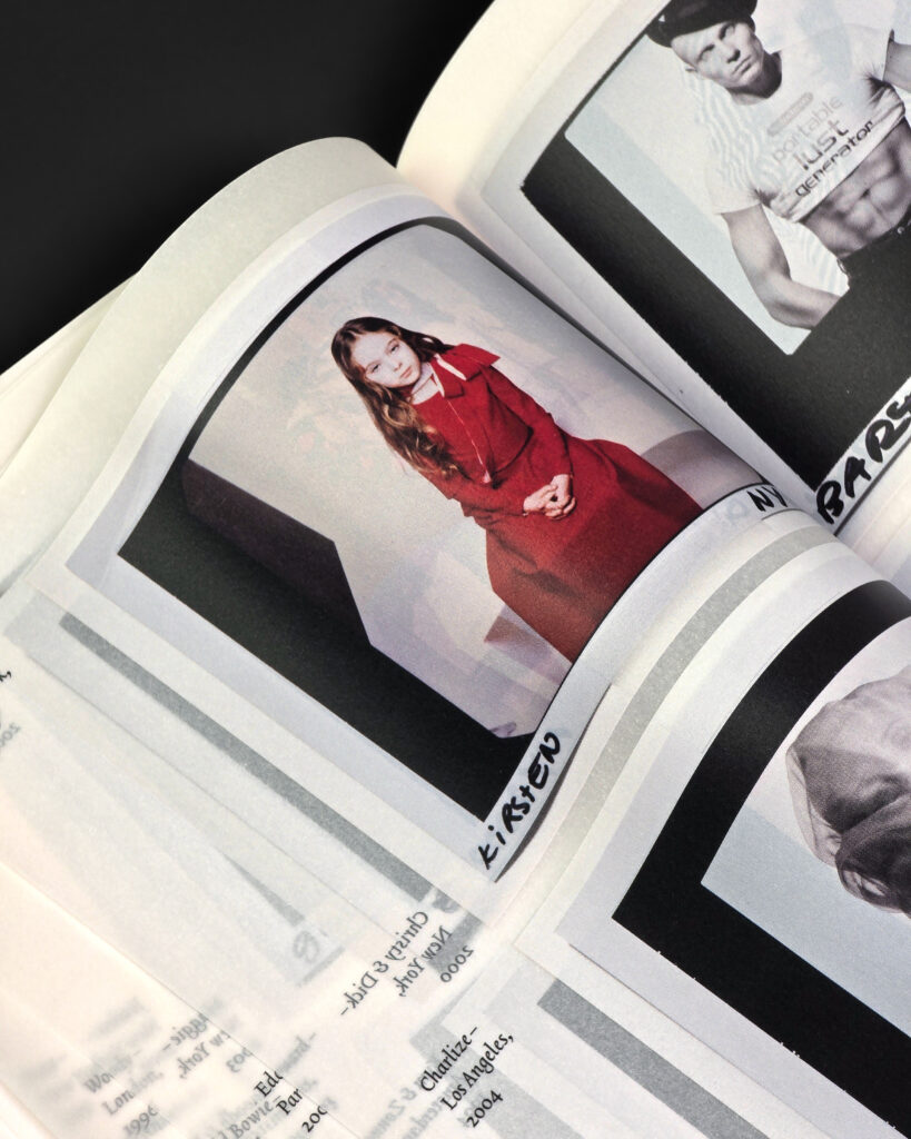 Close-up of translucent overlay pages printed with archive photographs and captions.