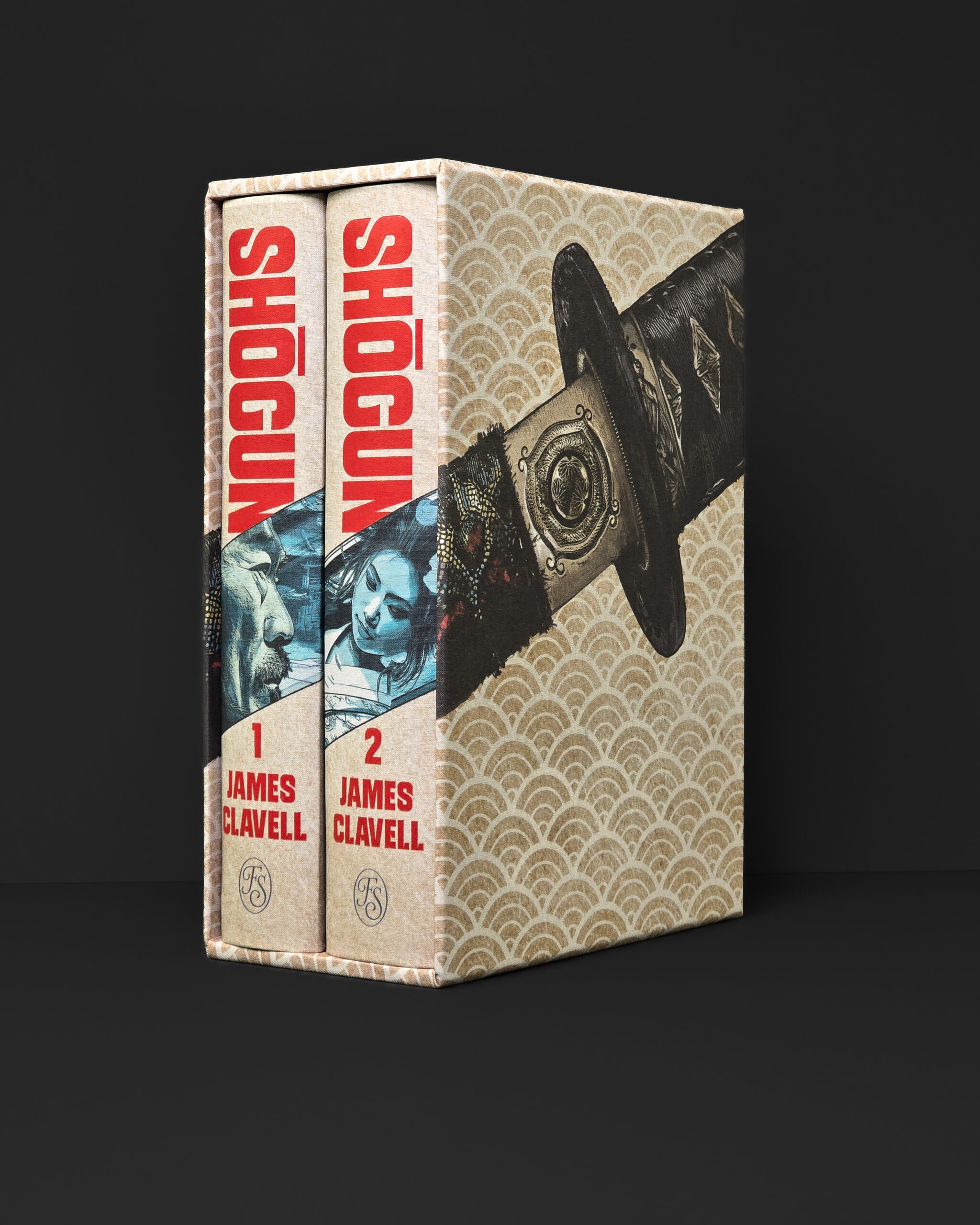 Shōgun two-volume edition by The Folio Society in a printed cloth slipcase, featuring illustrated bindings and red typography.