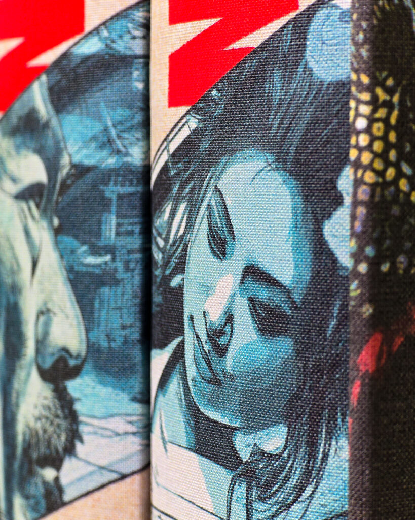 Close-up of the printed cloth binding of Shōgun, showing the illustrated artwork and visible textile texture.
