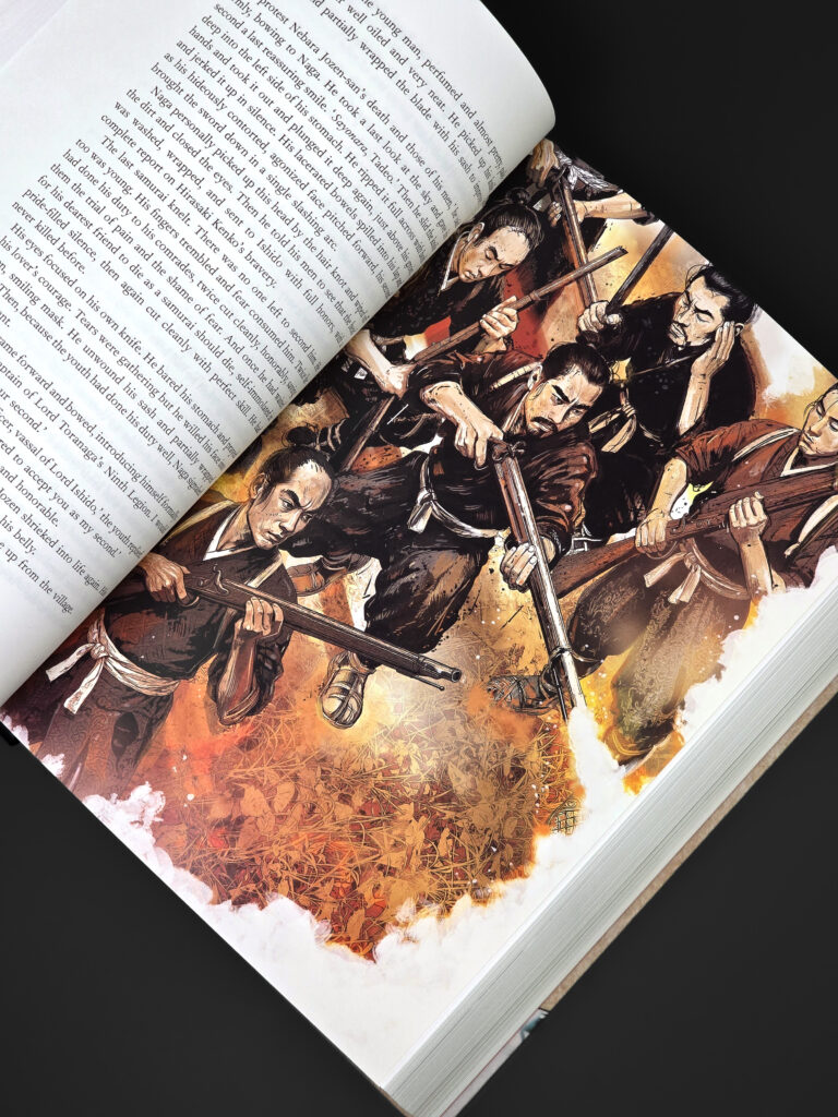 Open Shōgun volume with a full-colour illustration by Chris Malbon accompanying the text.