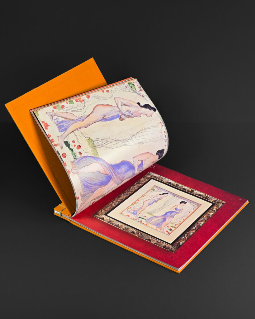 Close-up of the flexible book opening and exposed binding structure of Vienna 1900.