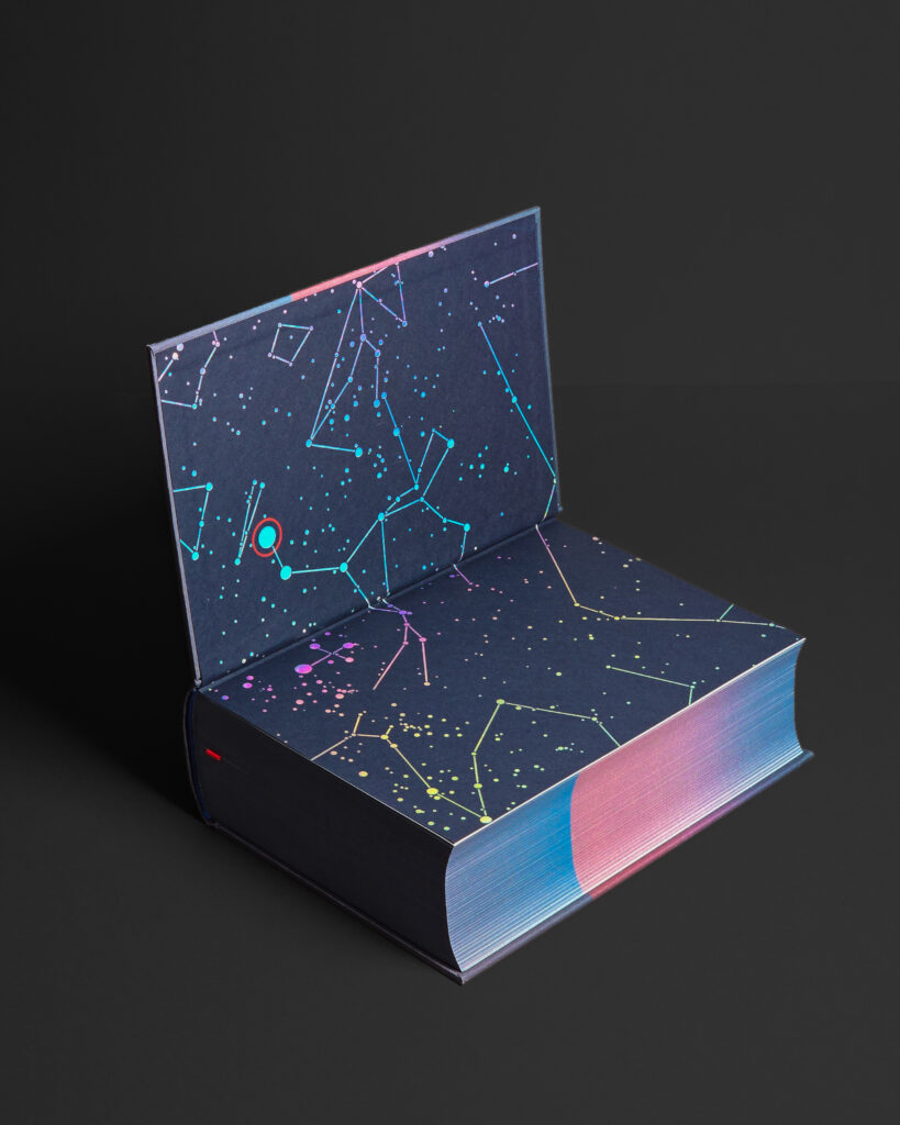 Open The Three-Body Problem Trilogy showing digitally printed book edges and holographic foiled endpapers