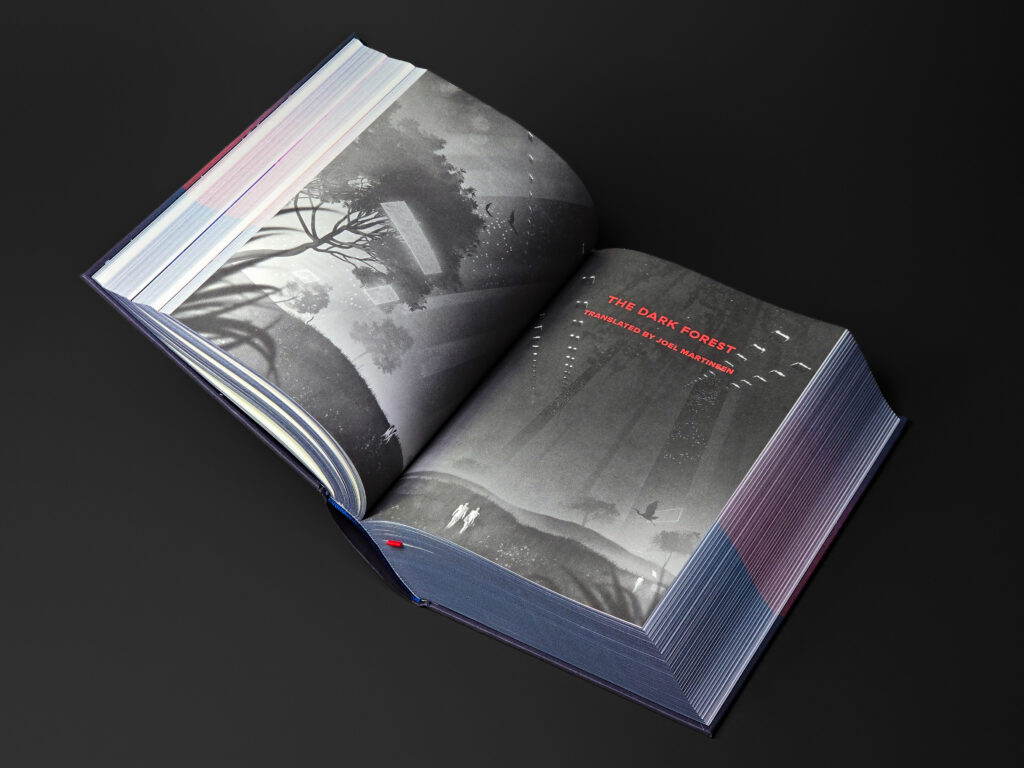 Illustrated spread from The Three-Body Problem Trilogy featuring artwork by Matt Griffin.