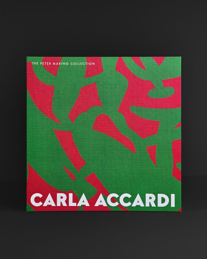 Carla Accardi cover of the Peter Marino Collection exhibition catalogue, featuring a green and red artwork printed on the cloth-covered hard case.
