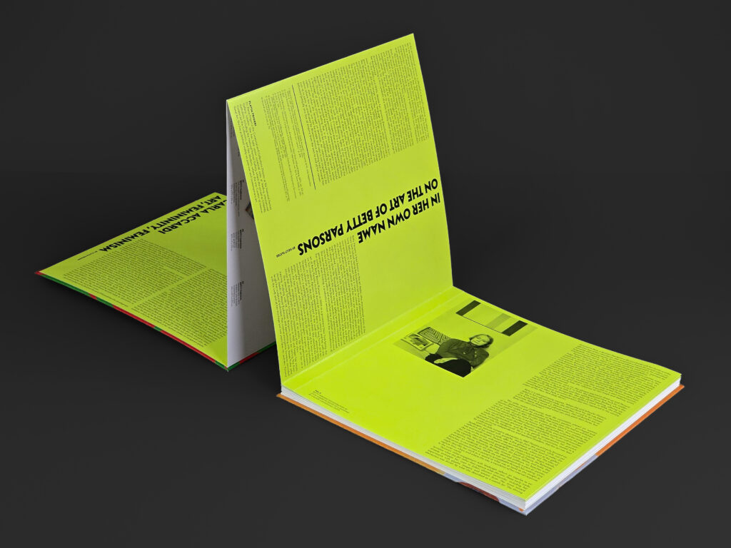 Concertina pages combining exhibition text, typography and artwork within the Betty Parsons section of the catalogue.