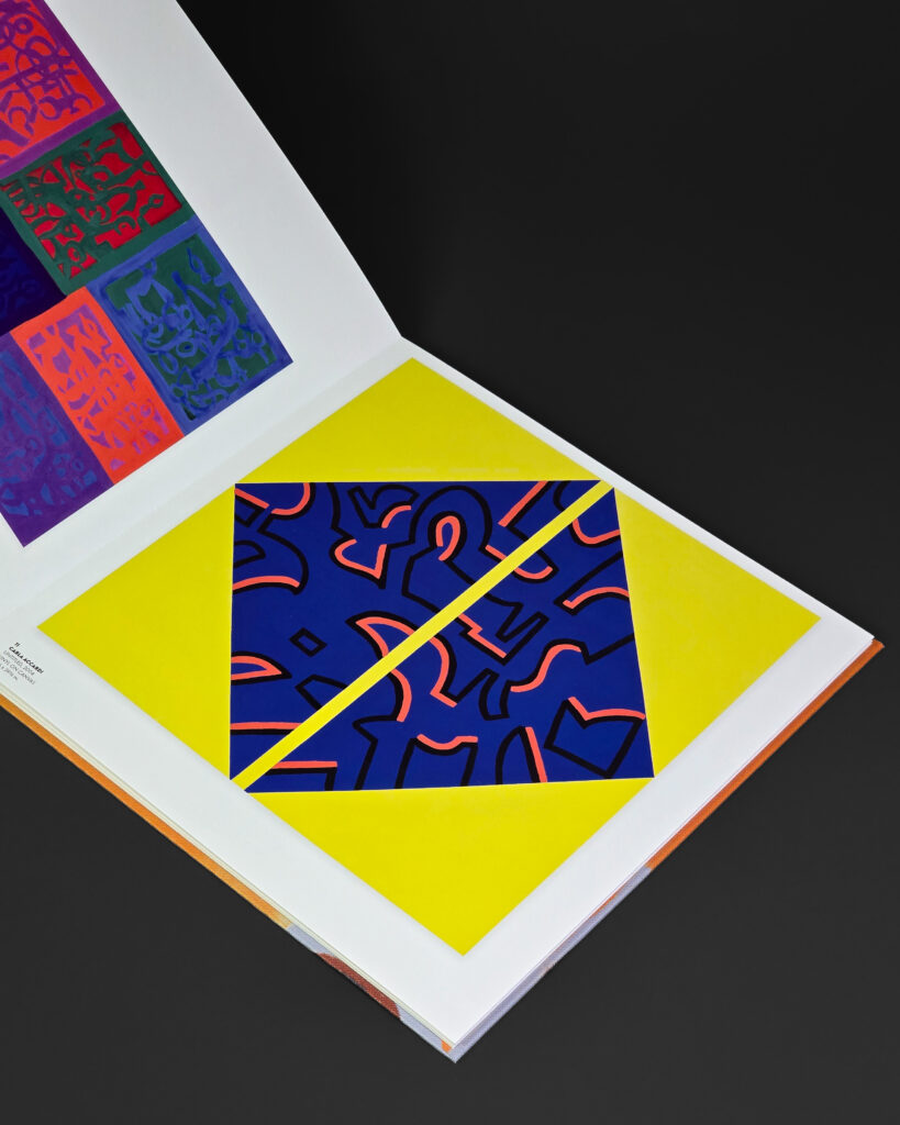 Detail of Carla Accardi artworks reproduced with vivid yellow, blue, purple and orange colour fields.