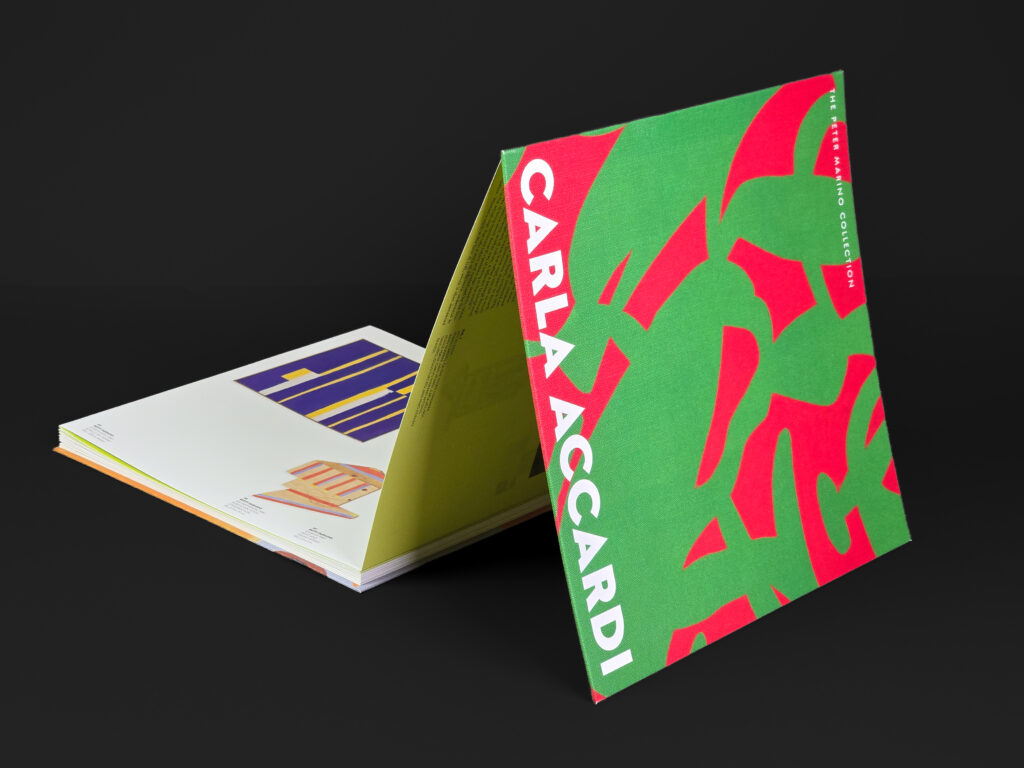 Carla Accardi cover shown with the catalogue unfolded behind it, revealing the dual-cover concertina construction.